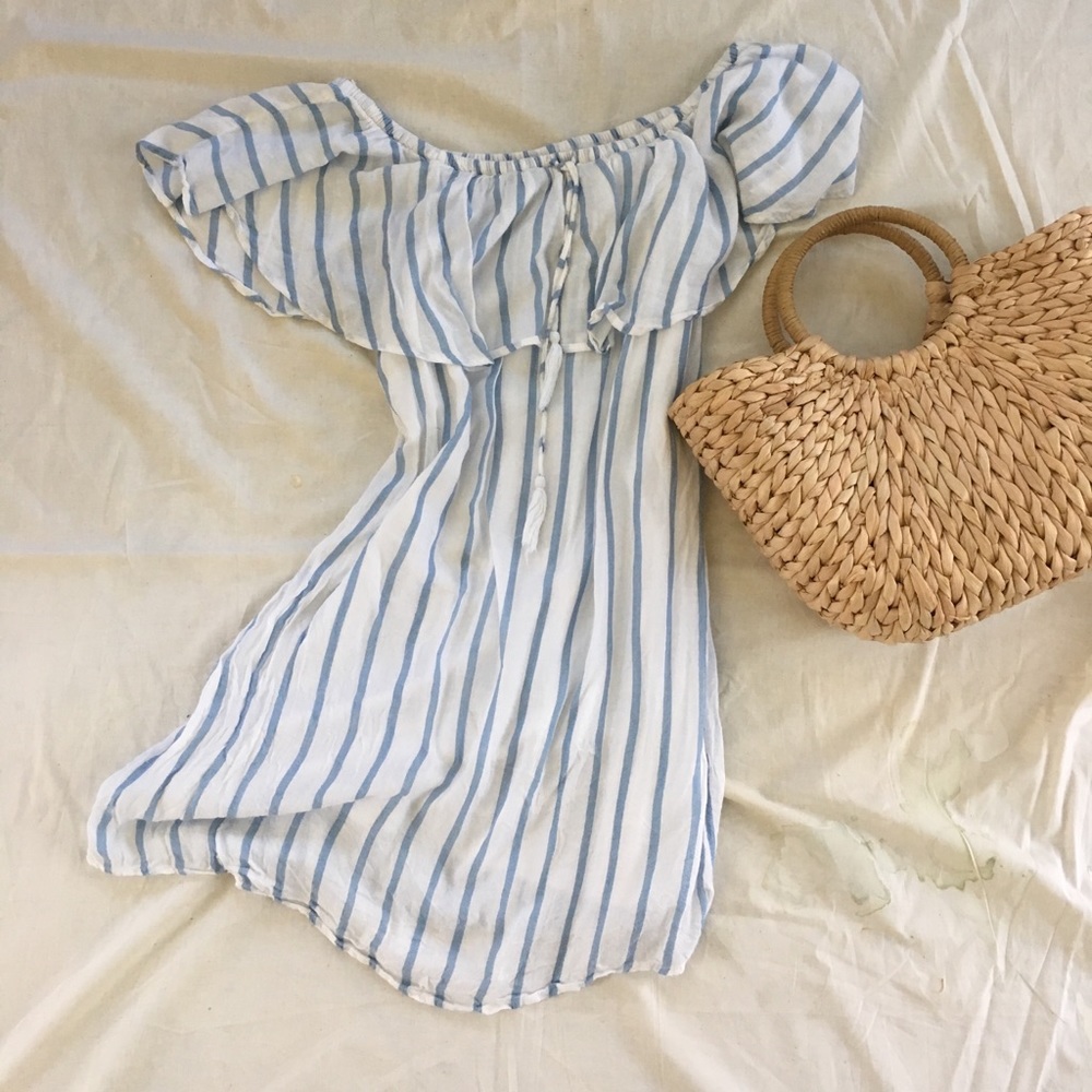 Off shoulder blue and white stripe dress